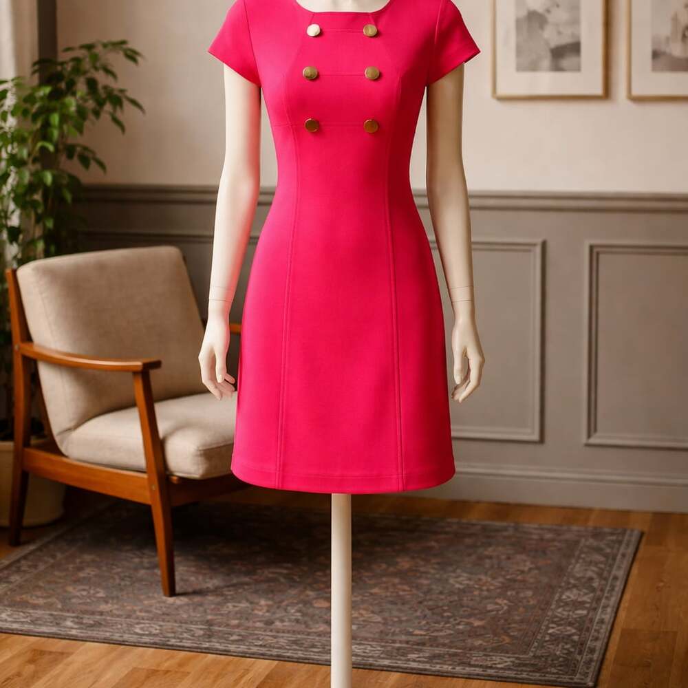Ellen Tracy Pink Short Sleeve Sheath Dress with Gold Buttons Size P8